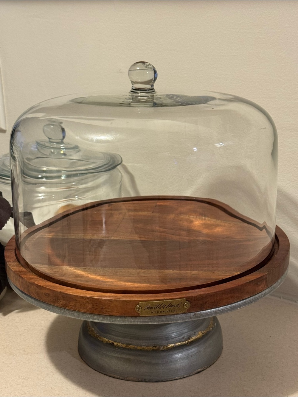 Hearth & Hand Brown Wood and Clear Glass Cake Stand with Dome — RARE
